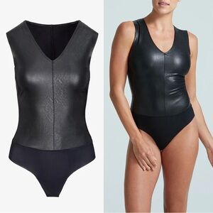 COMMANDO • Faux Leather V-Neck Bodysuit black thong snap crotch sleeveless tank